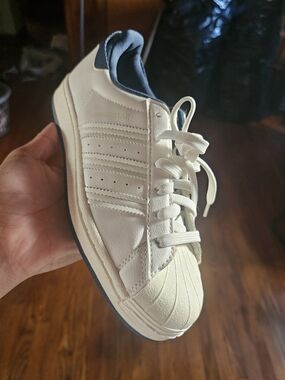 Adidas Superstar Leather Sneaker in Off-White with Navy Heel
